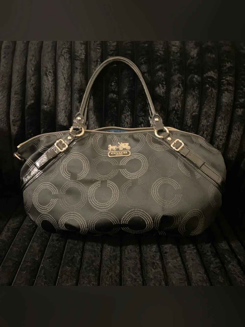 Coach Black Patterned Dome-Style Shoulder Bag with Gold Hardware